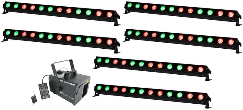 (6) American DJ ADJ UBL12H IP20 LED RGBAL DMX Wash Strip Light Bars+Haze Machine image 1