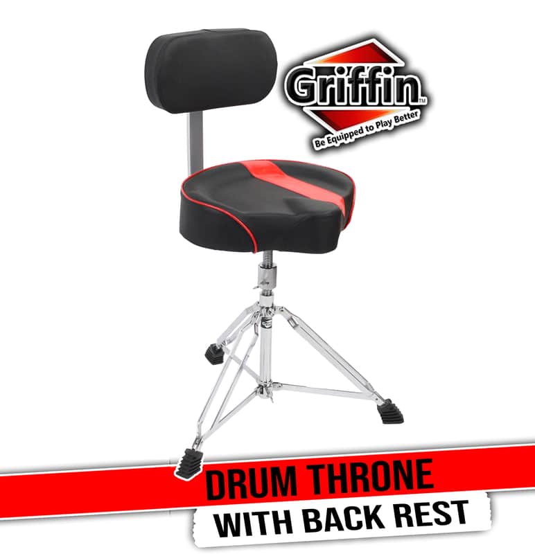 GRIFFIN Drum Throne with Backrest Support (Swivel ProROCK Series) – Saddle Seat Biker-Style Padded Percussion Chair, Height Adjustable for Drummers & Musicians image 1