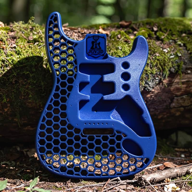 JGV3D | 3D Printed S-Style Guitar Body | One-Piece PLA+ | Fully Routed SSH | Right Handed | Blue | Hexagon image 1