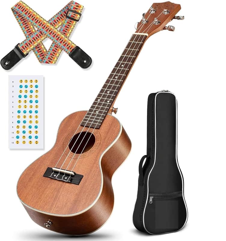 Concert Ukulele Kit Beginner Starter 23 Inch with Gig Bag, Rainbow Strap, Fretboard Stickers, for Adults Sapele image 1