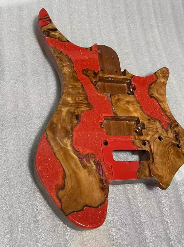 Vibrato system Headless Electric Guitar Body | Mahogany Core with Burl Top & Red Resin Inlay  2. Headless Style Guitar Body, Mahogany Base + Burl Wood & Sparkle Red Resin Finish image 1