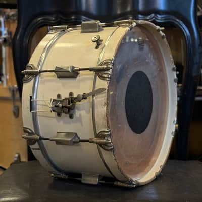 VINTAGE 1938 Leedy 7x14 Wood Hoop Snare Drum in White Duco Paint w/ Wood Hoops image 4