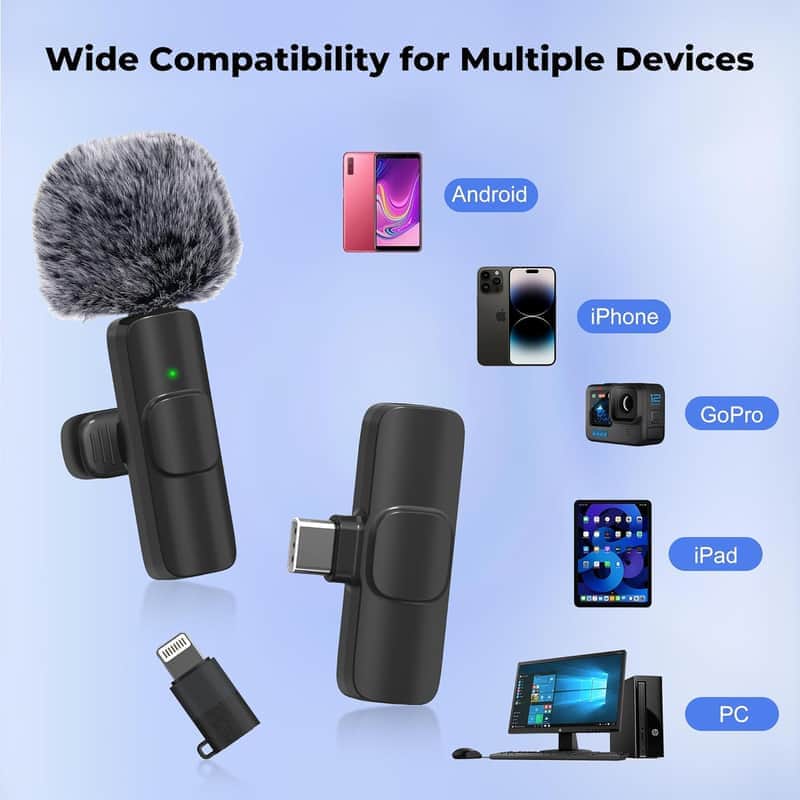 Wireless Microphone for iPhone Android Wide Compatibility Plug & Play Noise Reduction Clear Sound Lavalier Microphone for Video Recording, Live Streaming, YouTube, Tiktok, Vlog, 2 Pack image 1