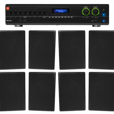 JBL 2-Channel Amplifier+(8) Slim Black Wall Speakers for Restaurant/Bar/Cafe image 1