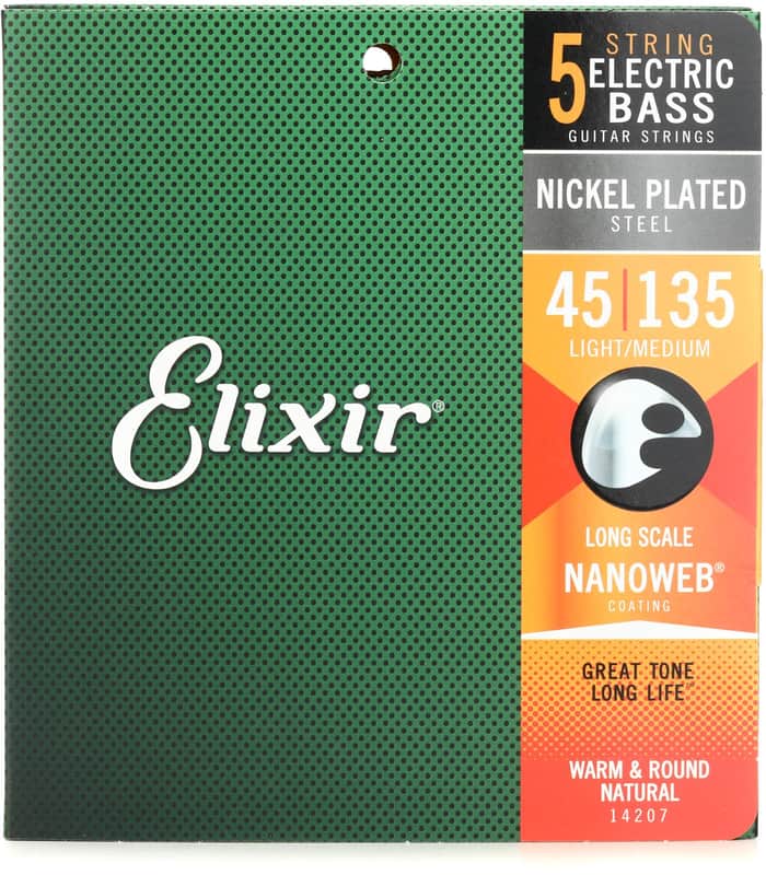 Elixir Strings 14207 Nanoweb Electric Bass Guitar Strings - .045-.135 Light/Medium Long Scale  5-string (5-pack) image 1