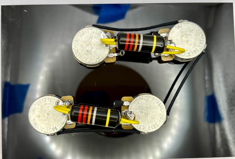 Gibson Les Paul 50s style wiring harness with new Bumblebee 0.022uF paper in oil capacitors and split long shaft pots image 1