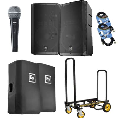 (2) Electro-Voice ELX200-15P, (2) ELX200-15P Covers, Rock-N-Roller Cart, SV100 Mic, (2) XLR Cables Bundle image 1