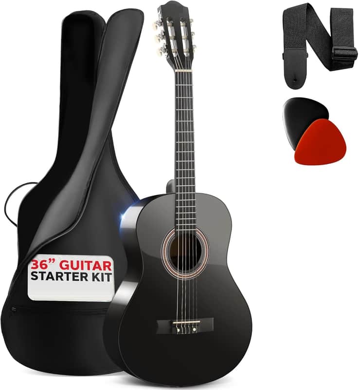 Beginner Acoustic Guitar Kit, 3/4 Junior Size All Wood Instrument with Full Accessory Kit, Picks, Shoulder Strap, Carry Case, Cleaning Cloth, Tuner App, 36” (Black Gloss) image 1