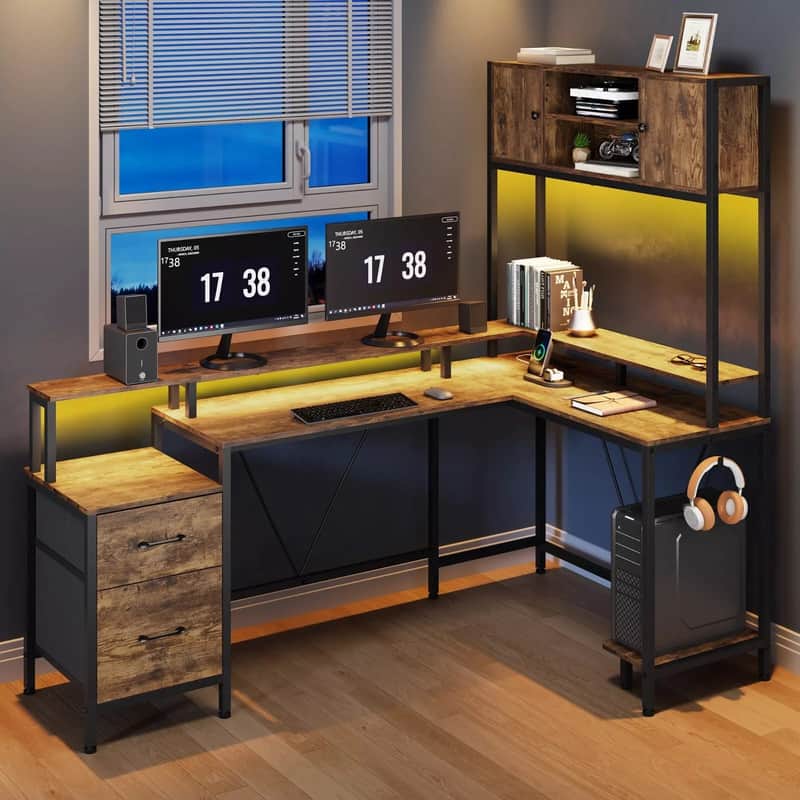 L-Shaped Music Studio Desk with LED Lights, File Drawer & Monitor Shelf - Ultimate Workspace for Two image 1
