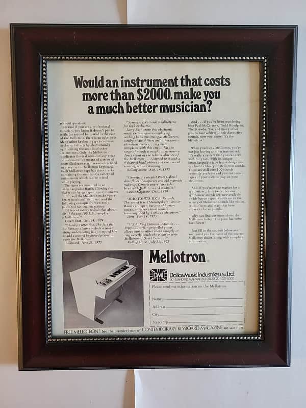 1975 Mellotron Promotional Ad Framed Mellotron $2000 Keyboard Original image 1