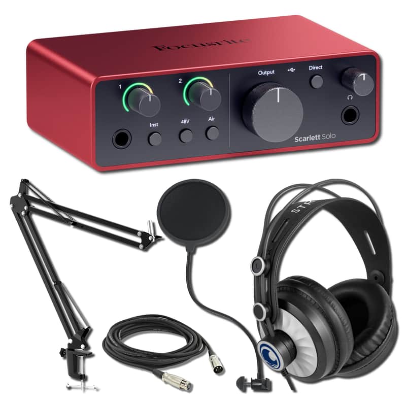 Focusrite Scarlett Solo 4th Gen USB-C Audio Interface Recording Bundle with StreamEye Cans50 Studio Headphones, BOOMARM1 Microphone Boom Arm, Gator RI-POPFILTER 6-Inch Pop Filter, and 10-Foot Balanced XLR Cable image 1