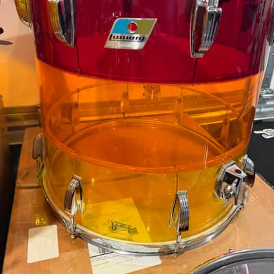 Vintage 1970s Ludwig Vistalite Tequila Sunrise 5-Piece Drum Kit w/ Matching Snare, Blue & Olive Badges, Cases, Tivoli Lighting System image 7