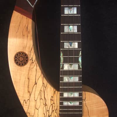 Handmade 5 String Harp Style Concert Ukulele, Solid Spalted Curly Maple, Taiwania , MOP Inlay, Bruce Wei HU15-2004 image 8