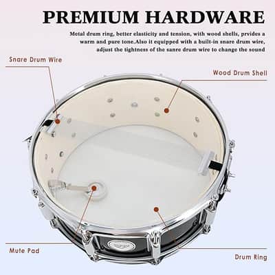 Snare Drum 14X5.5 Inches for Student Beginners with Gig Bag, Drumsticks, Drum Keys, Coated Material Drum Head, Black image 5