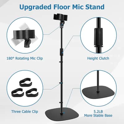 Microphone Stand Floor, 22"-70" Height Adjustable Boom Mic Stand with Weighted Base, 2 Clips & 3/8'' to 5/8'' Adapter image 3
