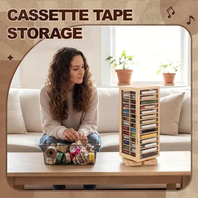 Rotating Cassette Tape Display Rack – 28-Tape Double-Sided Metal & Wood Holder for Music Studios image 6