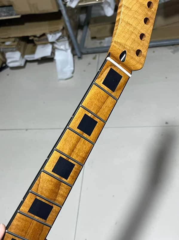black binding stainless steel 22 fretsReverse headstock 22 frets Roasted flame Maple guitar neck 25.5 inch black block 25.5inch hole 10mm Radius:9.5inches.satin tele image 1