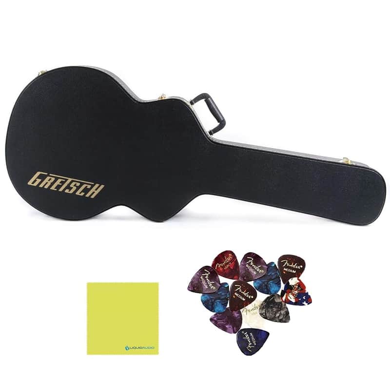Liquid Audio Gretsch® G6241FT 16" Hollowbody Flat Top Hardshell Guitar Case, Black, 0996475000 Bundle w/ 12-Pack Guitar Pick Polishing Cloth image 1