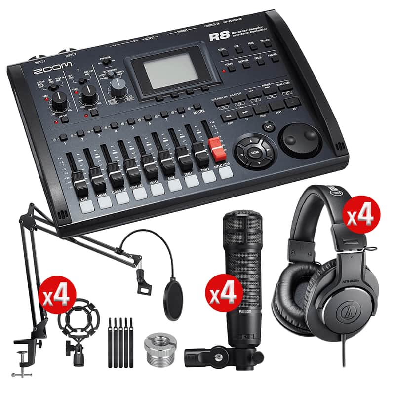 Zoom R8 8-Track Digital - (4) EV RE320 Mic - (4) AT ATH-M20X - (4) InnoGear Microphone Stand image 1