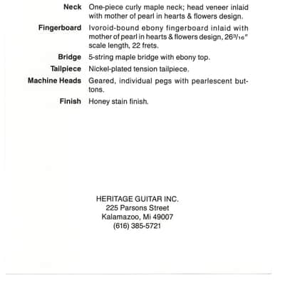 Heritage Guitars- Kalamazoo Standard Banjo, promotional print/cut sheet, 1988 image 2
