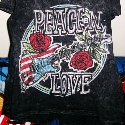 peace n love S -M woman 100% organic tee red-white sparkle strat logo tee - rock n roll art metal blues hippie fender image 5