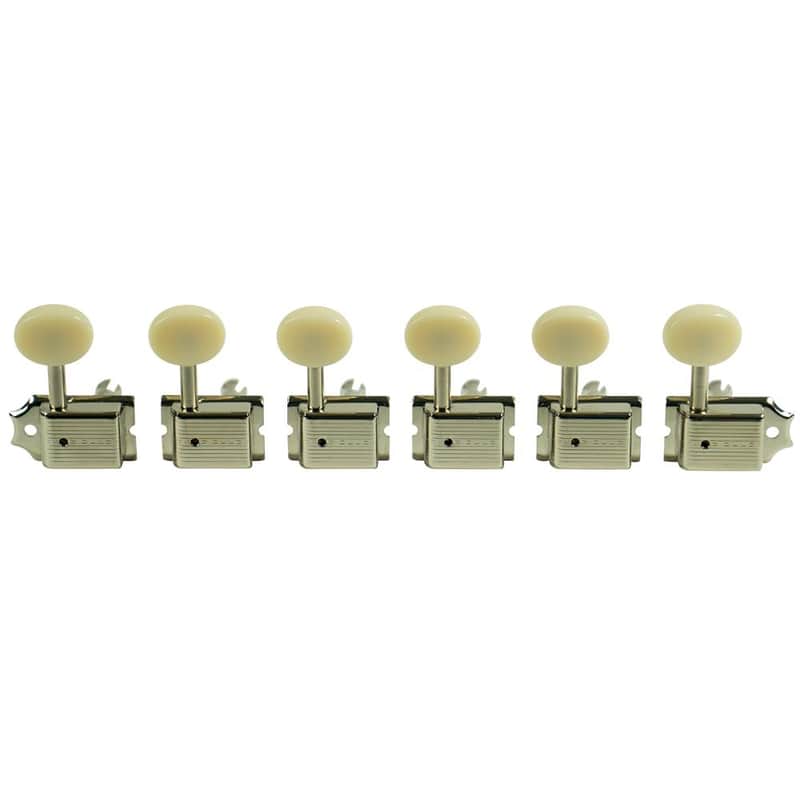 Kluson 6 In Line Deluxe Series Tuning Machines - Single Line - Nickel With Oval Plastic Buttons image 1
