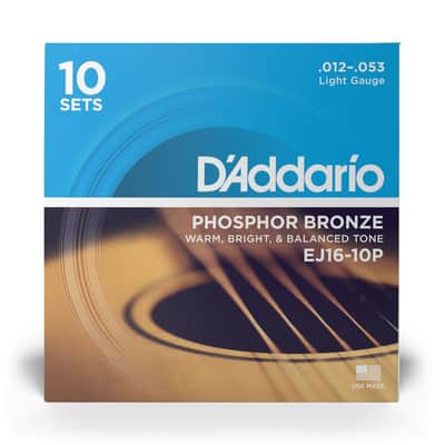 D'Addario EJ16-10P Phosphor Bronze Acoustic Guitar Strings, Light, 12-53, 10 Pack