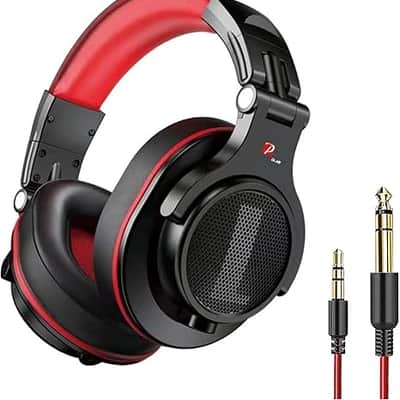 Over Ear Headphone, Wired Bass Headset with 40mm Driver, Foldable Lightweight Headphones with Shareport and Mic for Recording Monitoring Mixing Podcast Guitar PC TV (Black Red) image 1