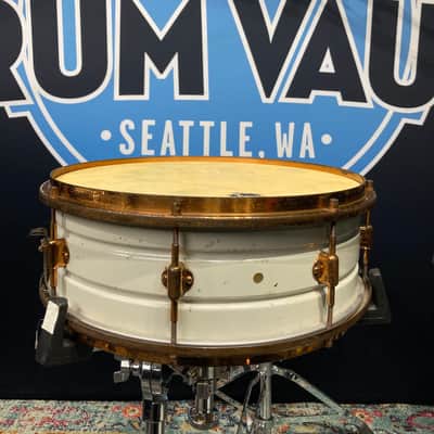 Leedy - 14x5" 8-Lug Multi-Model Snare Drum - White Lacquered Brass with Gold Hardware. 1920s image 1