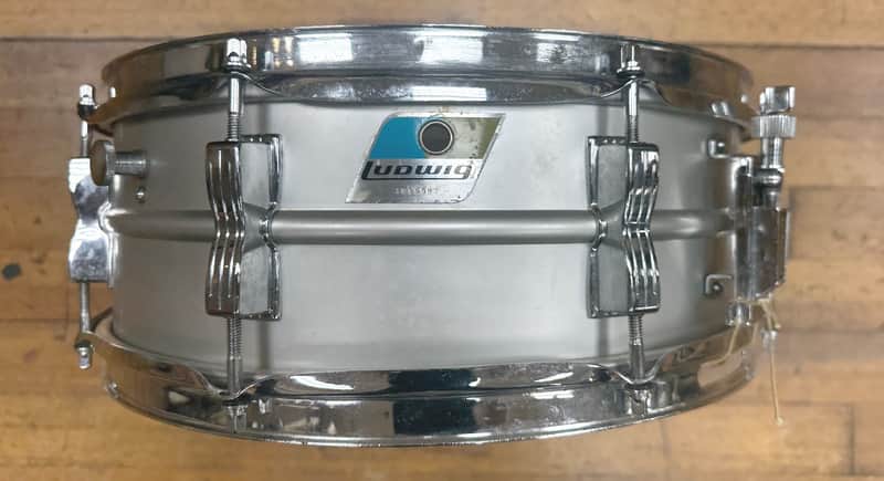 Ludwig No. 404 Acrolite 5x14" 8-Lug Aluminum Snare Drum with Pointed Blue/Olive Badge with case, stand image 1