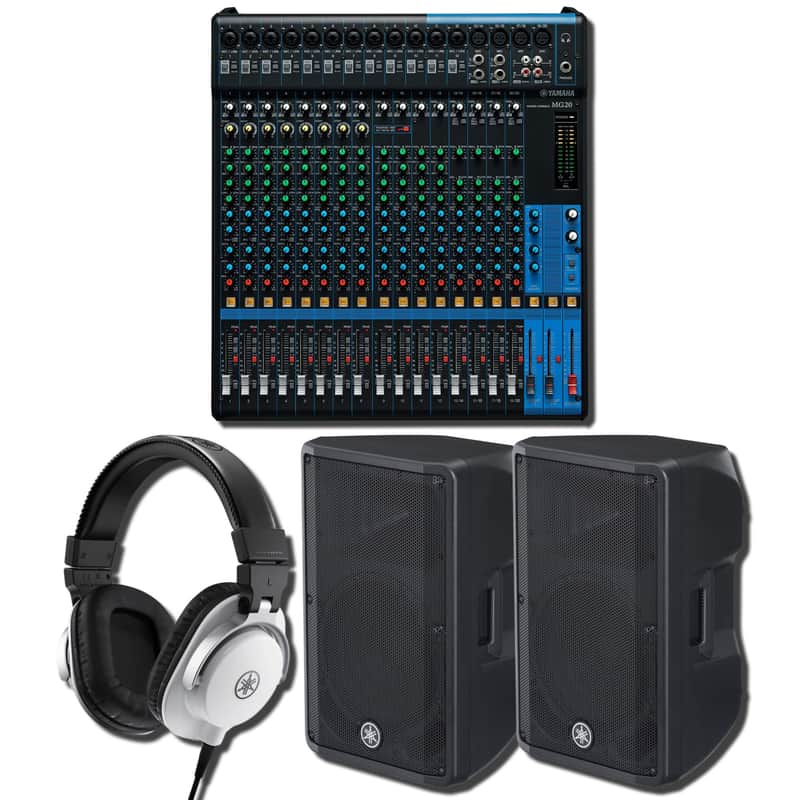 Yamaha MG20 20-Channel Analog Mixing Console with 2x DBR12 12-Inch 1,000W Powered Loudspeakers and HPH-MT5W White Studio Monitor Headphones image 1
