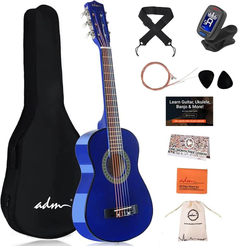 ADM Beginner Acoustic Classical Guitar 30 Inch Nylon Strings Wooden Guitar Bundle Kit for Kid Boy Girl Student Youth Guitarra Online Lessons with Gig Bag, Strap, Tuner, Extra Strings, Picks,Blue image 1
