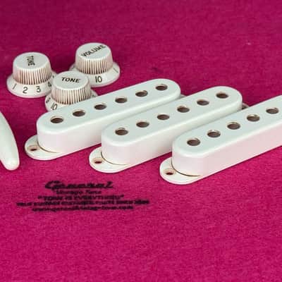 General Vintage Tone Full Ass. Pre cbs  covers / Knobs / tips fits Stratocaster®️ 50’s  round edges - White aged image 6