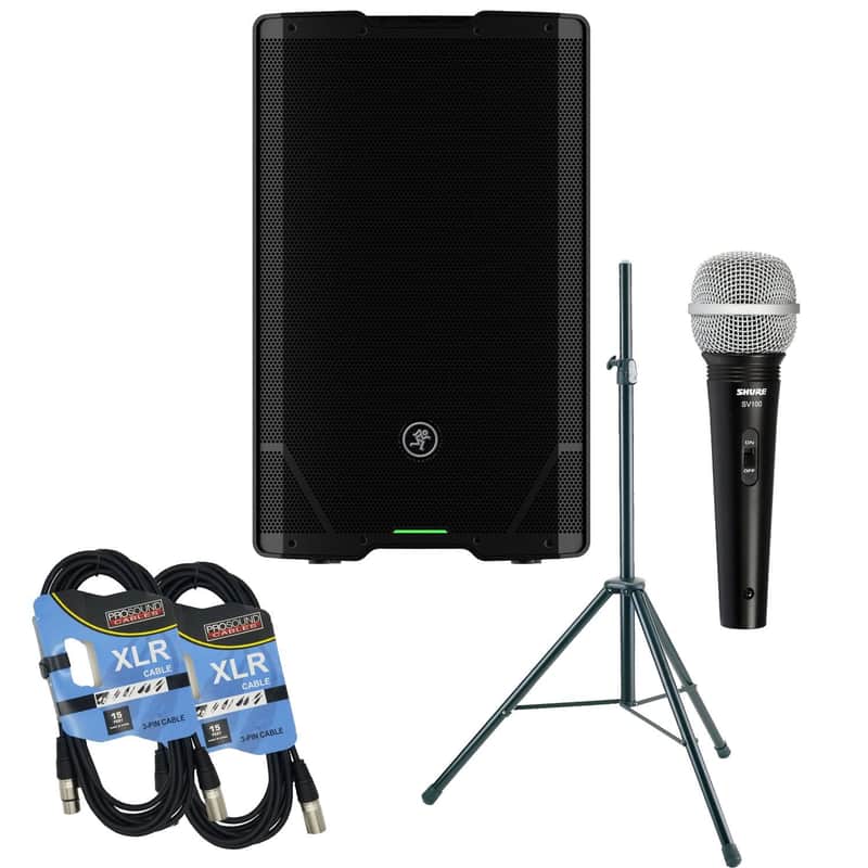 Mackie SRT215 15″ 1600W Powered Speaker w/ Bluetooth, Speaker Stand, (2) XLR Cables, SV100 Mic Bundle image 1