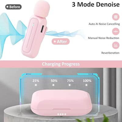 2 Pack Wireless Lavalier Microphone for iPhone iPad Android with Charging Case - 7H Clip on Lapel Microphone Wireless for Video Recording Vlogging, YouTube, Interview, 3 Mode Denoise (Pink) image 2