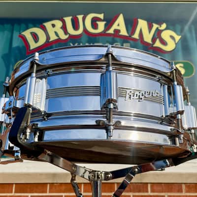 1960s Rogers 5x14 Dyna-Sonic 5-Line Snare Drum Chrome Over Brass Dynasonic COB image 10