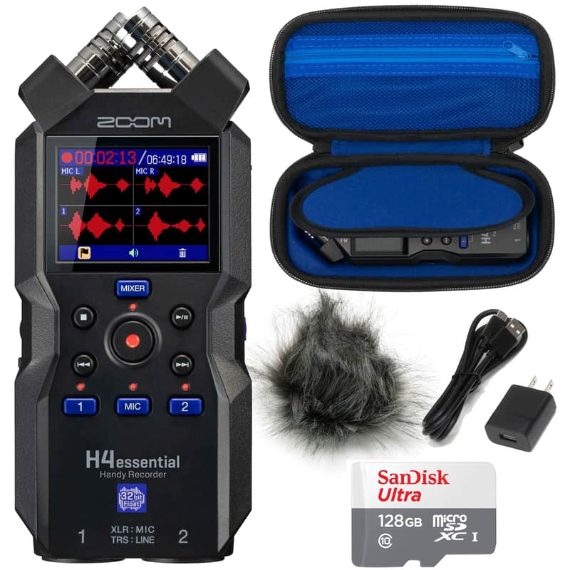 Zoom H4essential 4-Track Handy Recorder + Zoom APH-4e Accessory Pack for H4essential Portable Recorder + SanDisk 128GB Ultra UHS-I microSDXC Memory Card with SD Adapter image 1