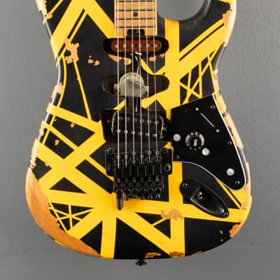 EVH Limited Edition Striped Series Frankenstein Frankie - Black w/ Yellow Stripes Aged image 2