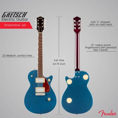 Gretsch Streamliner Jet Club Single-Cut Electric Guitar with Wraparound and Laurel Fingerboard (Dark Denim) Bundle with Gretsch G6238FT Electromatic Solid Body Flat Top Hardshell Case (Black) image 3