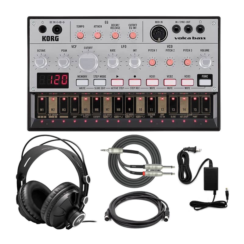 KORG Volca Bass - Analog Bass Machine Bundle w/ Knox Gear Closed-Back Studio Monitor Headphones, 3.5mm TRS to Dual 1/4" TS Stereo Breakout Cable, MIDI Cable (5-Pin DIN), & Korg Power Adapter (5 Items) image 1