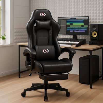 PU Leather Music Studio Chair with Footrest – Ergonomic Recording Chair for Producers, Adjustable Height, 300lb Capacity, Heavy-Duty Comfort for Long Sessions image 1