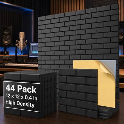 44-Pack Black Acoustic Wall Panels – Self-Adhesive 12" x 12" Brick-Style Sound Treatment for Home Studios image 1