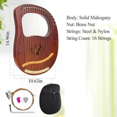 Lyre Harp, 16-String Mahogany Lyra Harp Kit, Stringed Musical Instruments with Tuning Wrench Bag Instructions Extra Strings for Beginners Adults imagen 2