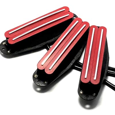 Dragonfire Duo Rails SSS Set Strat Sized Humbucker Pickups, Bridge/Middle/Neck ~ Red w/ Chrome Rails image 3