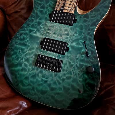 Mayones Aquila Elite S7 26.5" Reverse Headstock 4A QM top, Pale Moon Ebony Fretboard 16", Luminlay Offset Dot Inlays, Black Limba body, Wenge neck, Velvetrone Pickups image 1