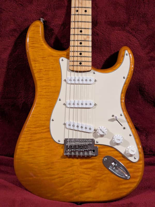 Fender Stratocaster Plus Top Flame Maple Top FMT Guitar, Amber finish MIM Mexico image 1