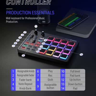 Donner MIDI Pad Beat Maker Machine Professional, Drum Machine with 16 Beat Pads, 2 Assignable Fader & Knobs and Music Production Software image 7