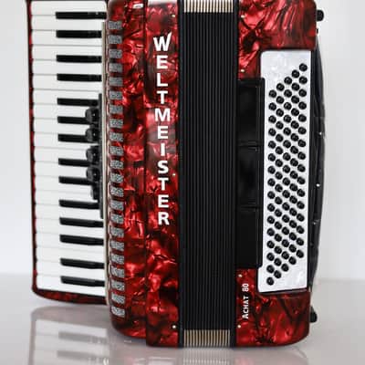 NEW Weltmeister Achat 80 Piano Accordion made in Germany, 80 Bass buttons, Original New Straps and Case, Keyboard Accordian, Red, Shipping from USA image 6