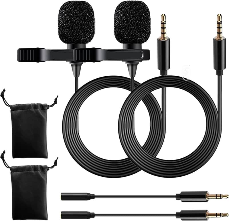 Lavalier Clip On Microphone with 5ft TRRS 3.5mm Cable and Adapter - 2 Pack | Omnidirectional Condenser Lapel Microphone for Audio Recording| image 1