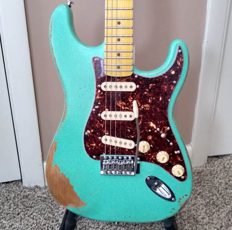 Sawtooth ES Alder Body Relic Surf Green Stratocaster with New Padded Gig Bag and Leather Strap image 1